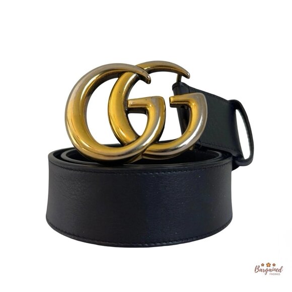 Authentic Gucci Black Smooth Calfskin Leather Gold Double G Buckle Belt 75/30 - Picture 1 of 13